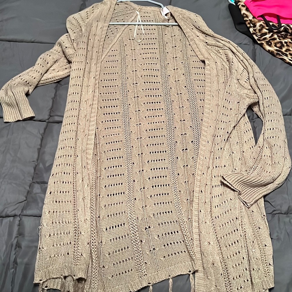 Pink Lily tan fringe cardigan